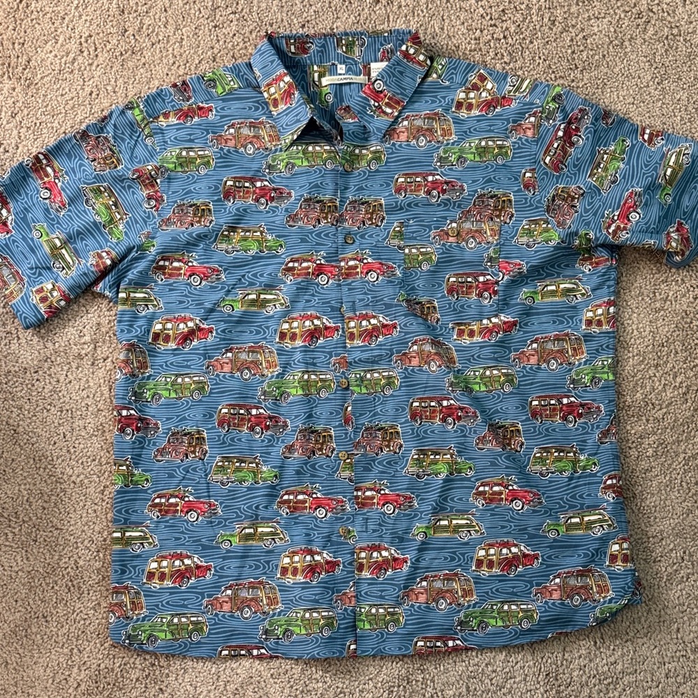 Vibrant Blue Vintage Car Print Shirt